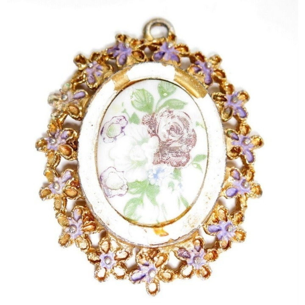 Large Purple White Flower Enamel Pendant